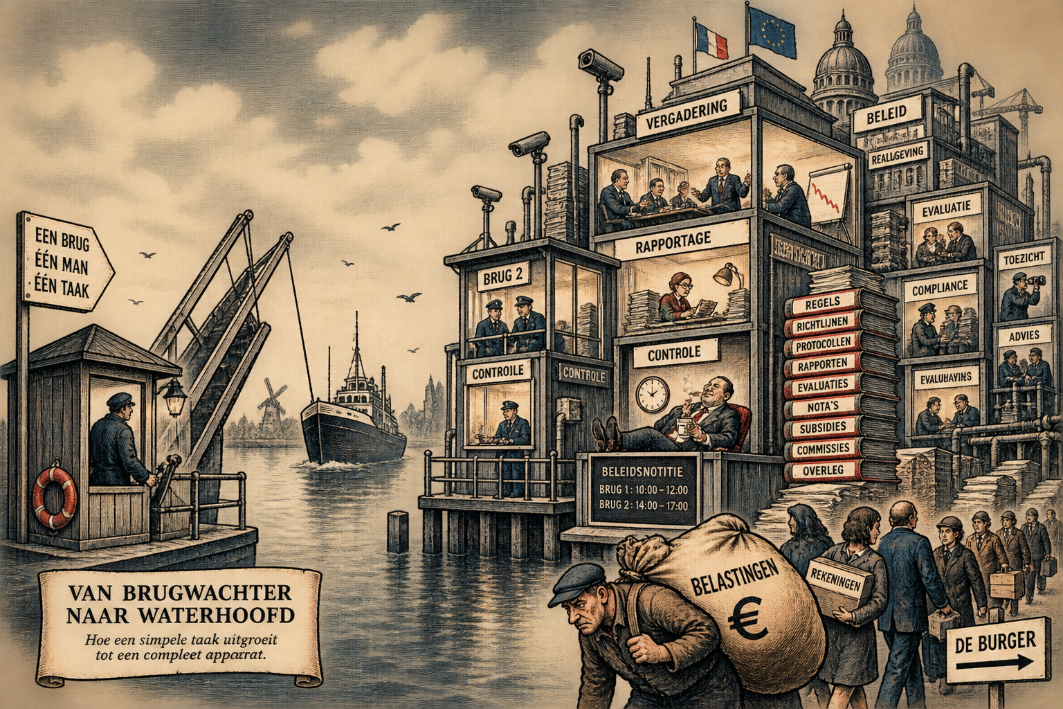 Satirische illustratie van een eenvoudige brugwachter tegenover een uitdijend bureaucratisch apparaat.