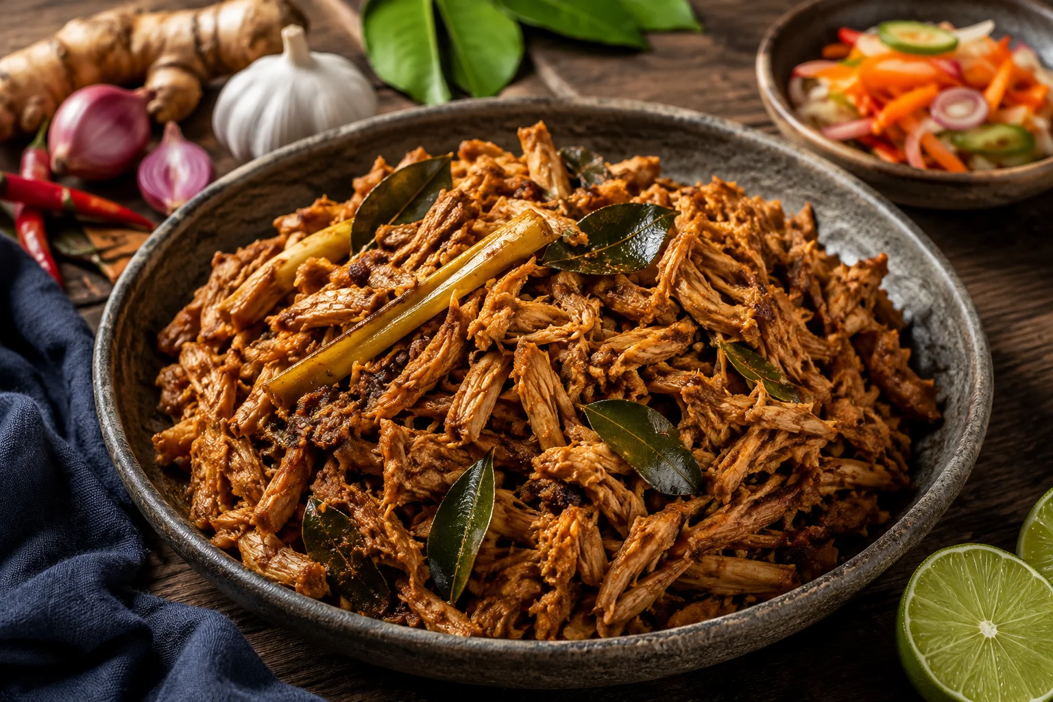 Ayam suwir van gegrilde kippendijen met Indonesische kruiden, citroengras en limoenblad.