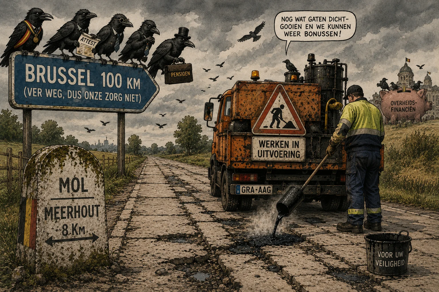 Satirische illustratie van de gehavende Molse baan tussen Mol en Meerhout