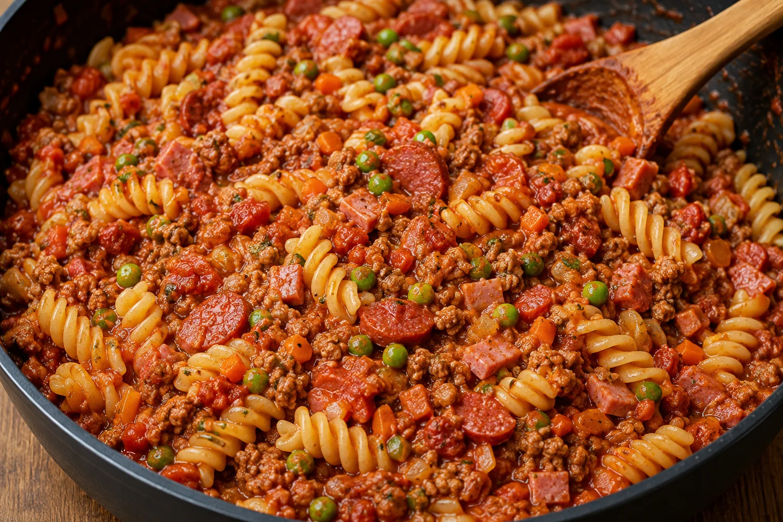 Papa’s Pasta met gehakt, salami, ham, tomaat, groenten en pasta