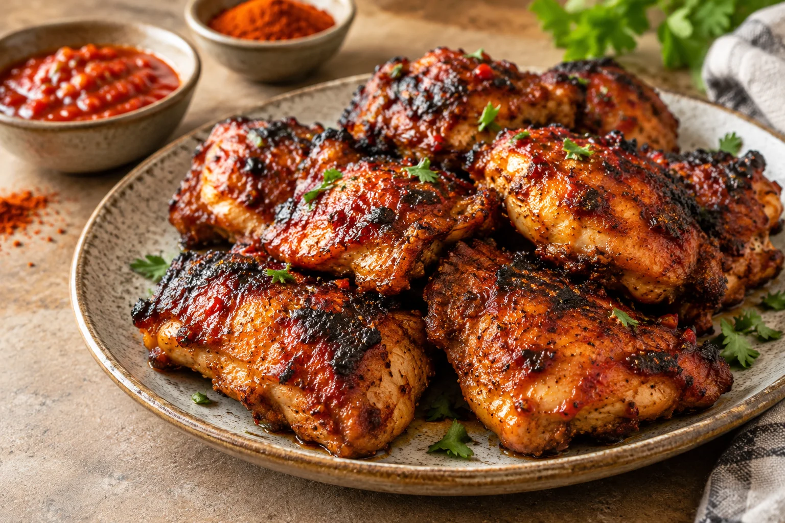 Gegrilde gemarineerde kip met gerookte paprika en sambal, bereid op de BBQ.