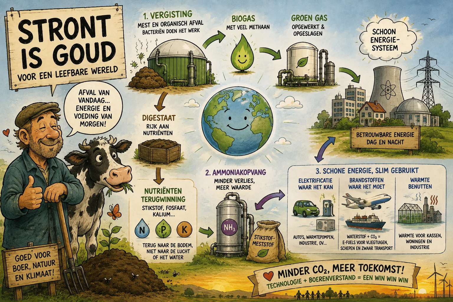 Cartoonachtige illustratie van een boer en koe bij een mestvergister, met groen gas, ammoniakopvang, hergebruik van nutriënten en kernenergie als onderdelen van een schoner en betrouwbaar energiesysteem.