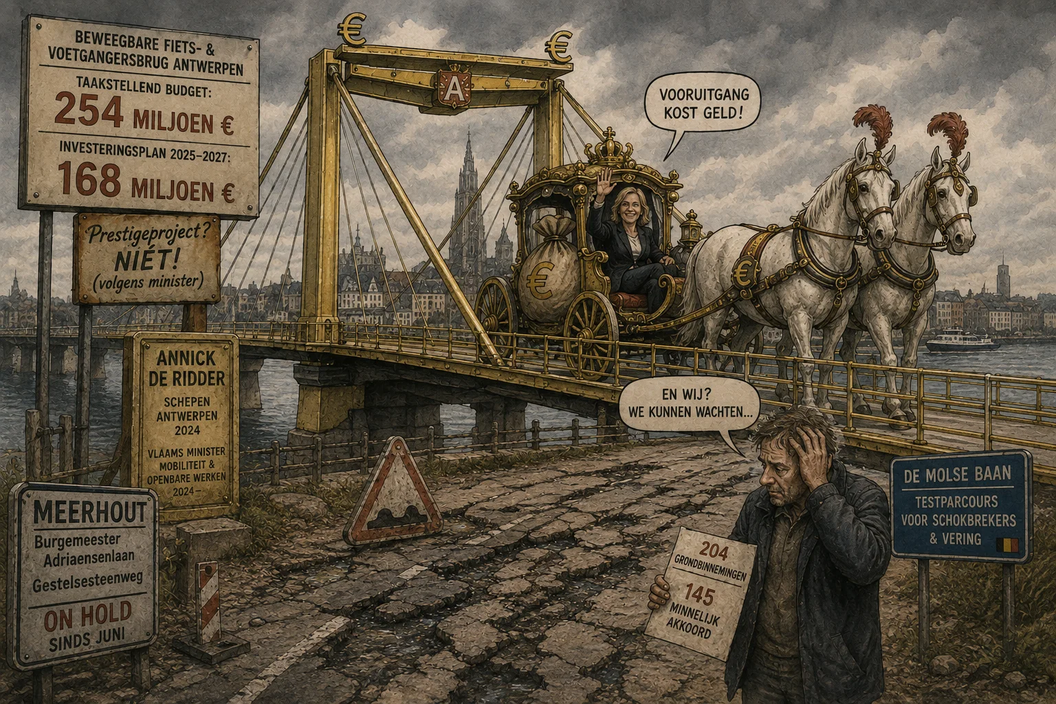 Satirische afbeelding van de geplande fiets- en voetgangersbrug over de Schelde in Antwerpen.