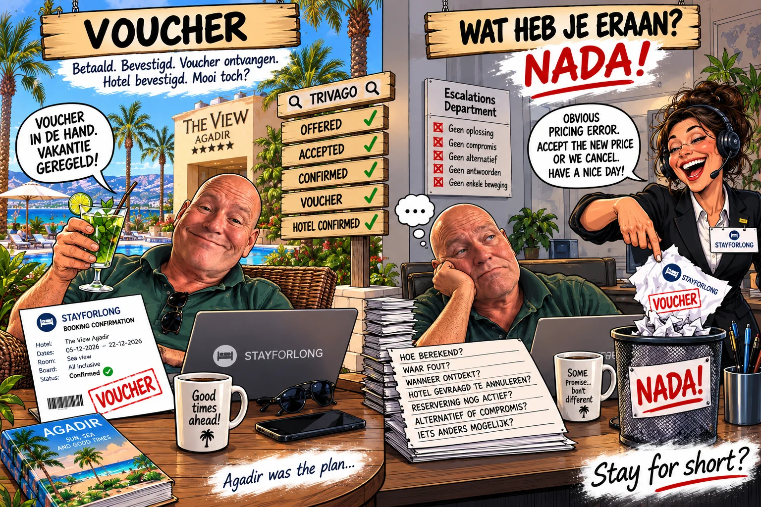 Spotprent over mijn Stayforlong-ervaring: bevestigde hotelboeking en voucher voor The View Agadir, gevolgd door annulering wegens een vermeende prijsfout