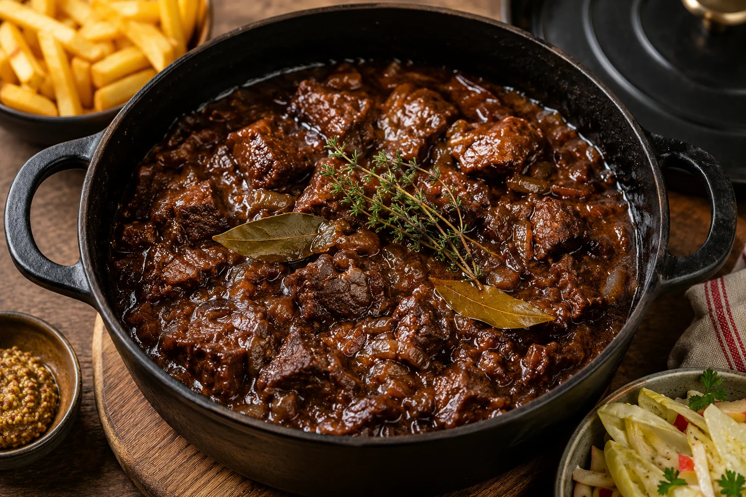 Belgisch stoofvlees met bruin abdijbier, uien en tijm, geserveerd met frieten en witlofsalade.