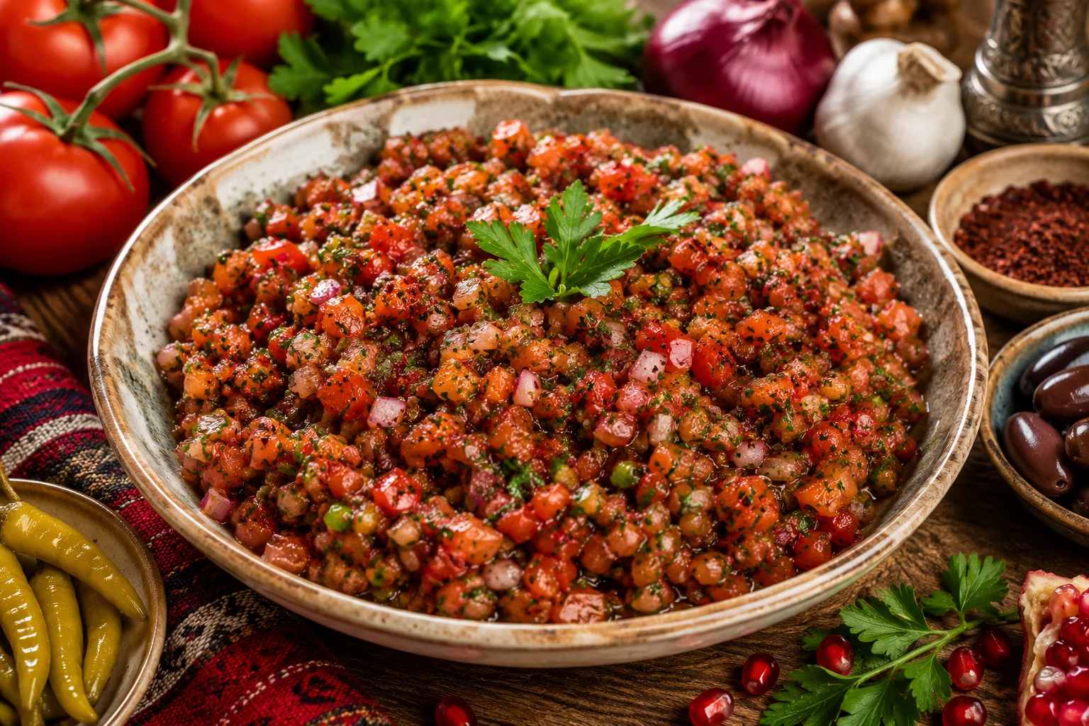 Acılı ezme met fijngehakte tomaat, paprika, peterselie en Turkse kruiden.